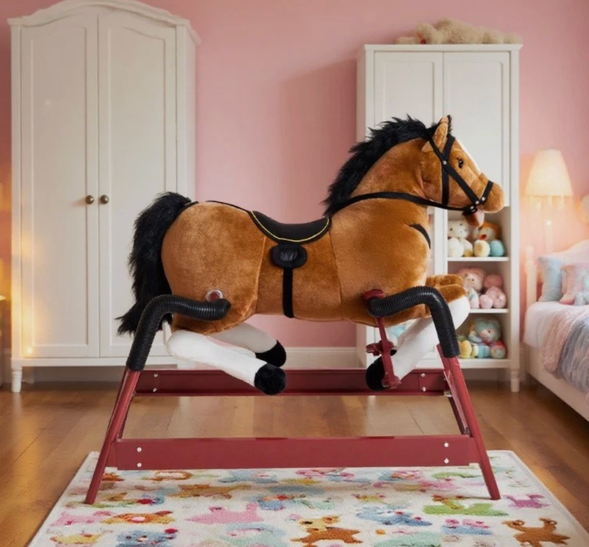 Kids Plush Rocking Horse – Electronic Neighing & Galloping Sounds – Sturdy Metal Frame