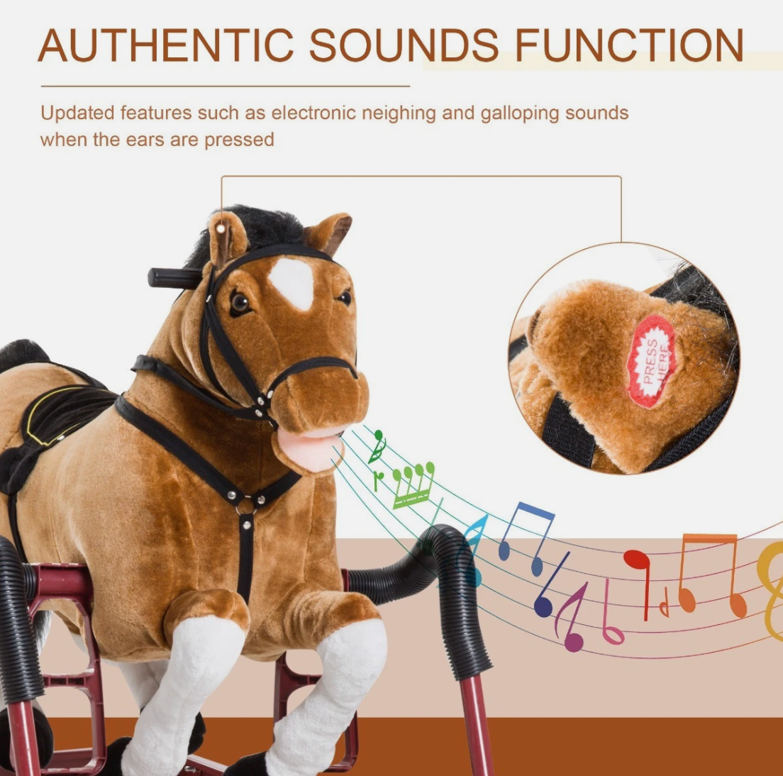 Kids Plush Rocking Horse – Electronic Neighing & Galloping Sounds – Sturdy Metal Frame